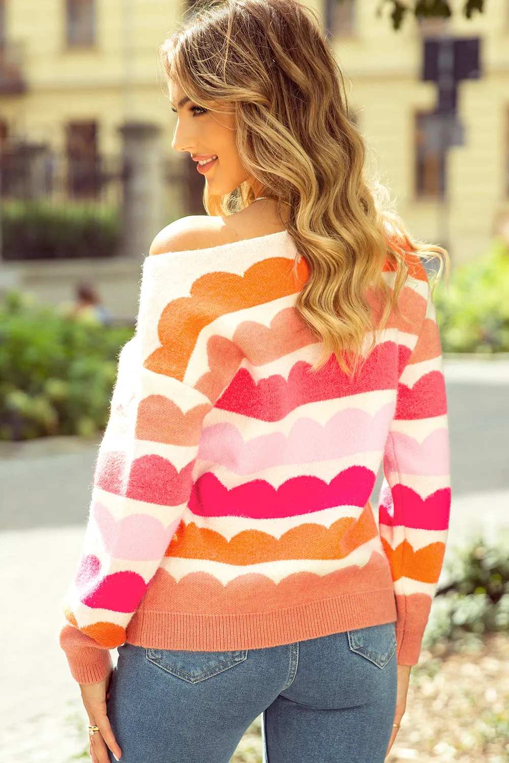 Wave Striped Balloon Sleeve Sweater