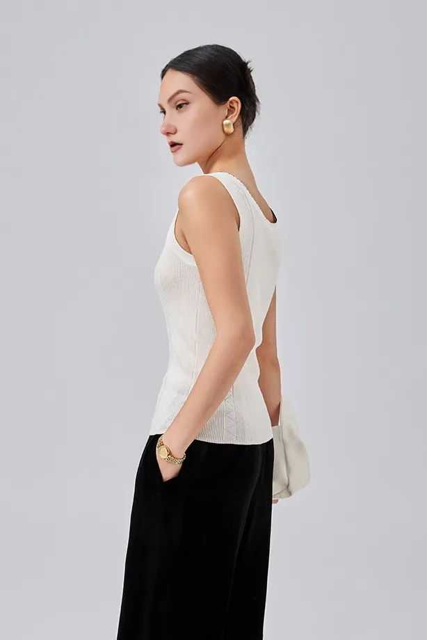 White Crewneck Ribbed Silk Knit Top