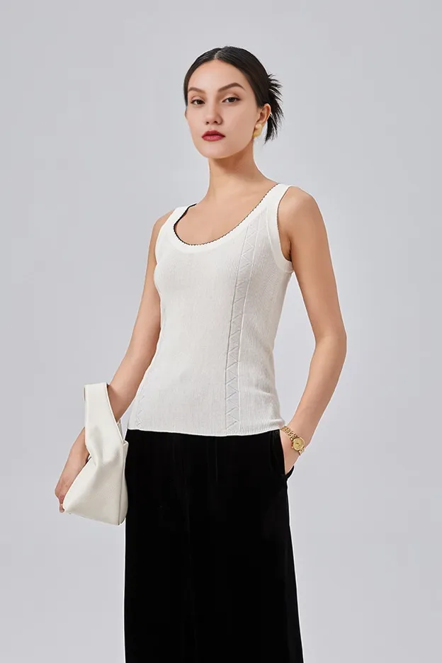 White Crewneck Ribbed Silk Knit Top