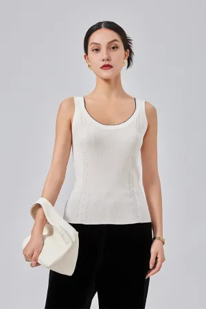 White Crewneck Ribbed Silk Knit Top