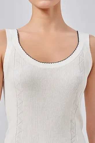 White Crewneck Ribbed Silk Knit Top