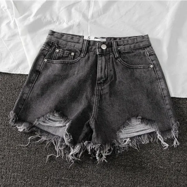 Women Wide Leg Hole Black Denim Shorts Casual Female Streetwear Loose Solid Color White Jeans Shorts Casual Female Shorts Loose