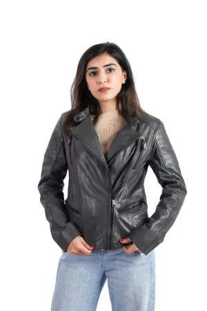 Womens Biker Style Brando Sheep Grey Leather Jacket - ELF25