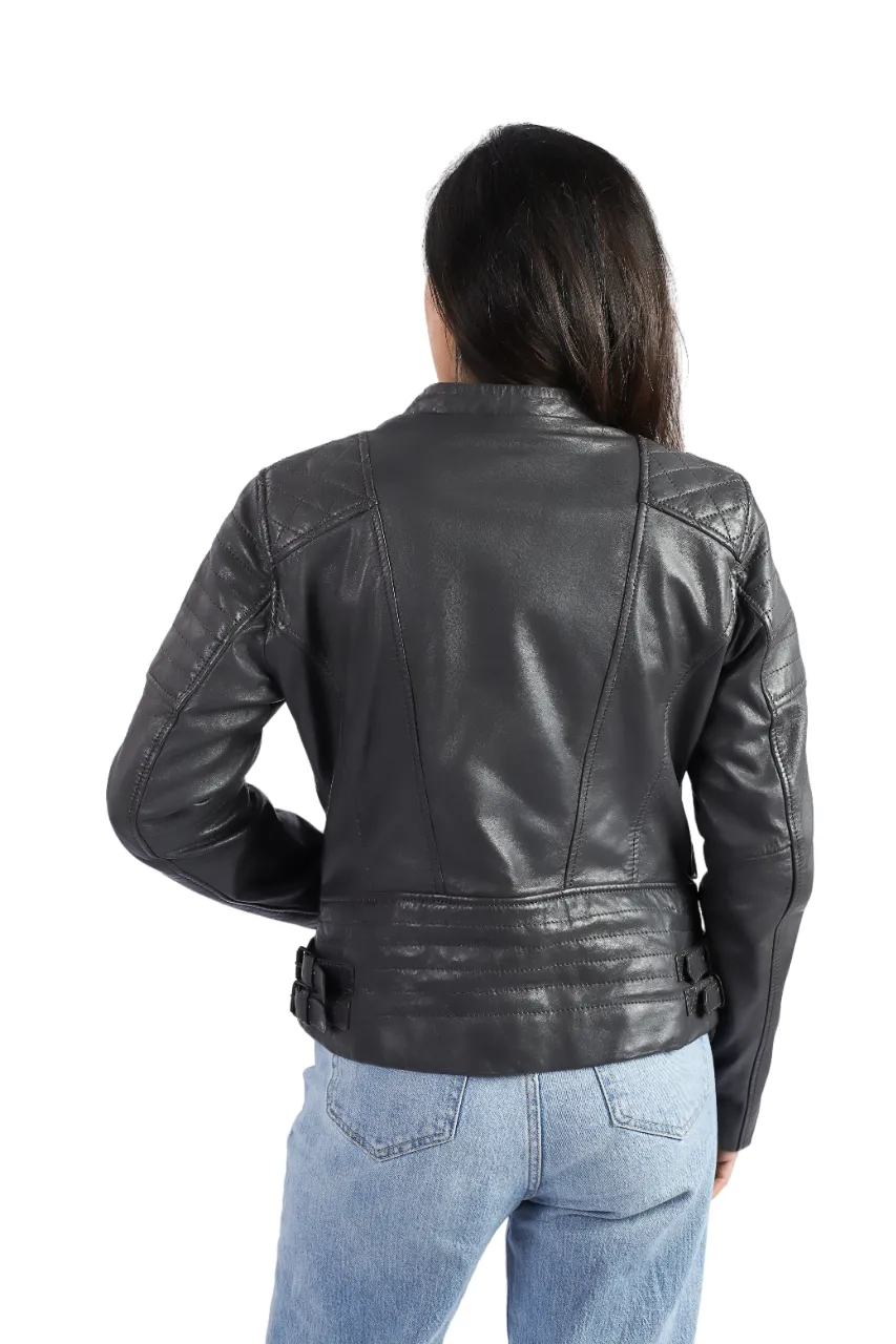 Womens Biker Style Brando Sheep Grey Leather Jacket - ELF25