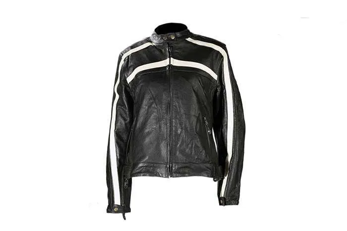 Womens Racing Leather Jacket With Off White Stripes, LJ7019-11-DL