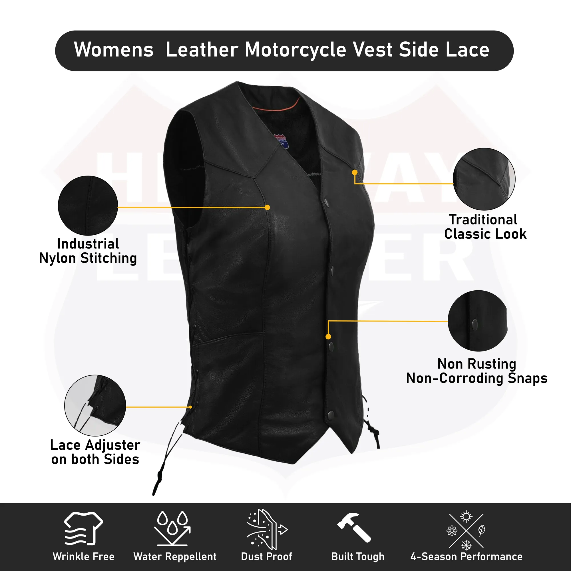 Women's Side-Lace Leather Vest - The Classic 14501Black