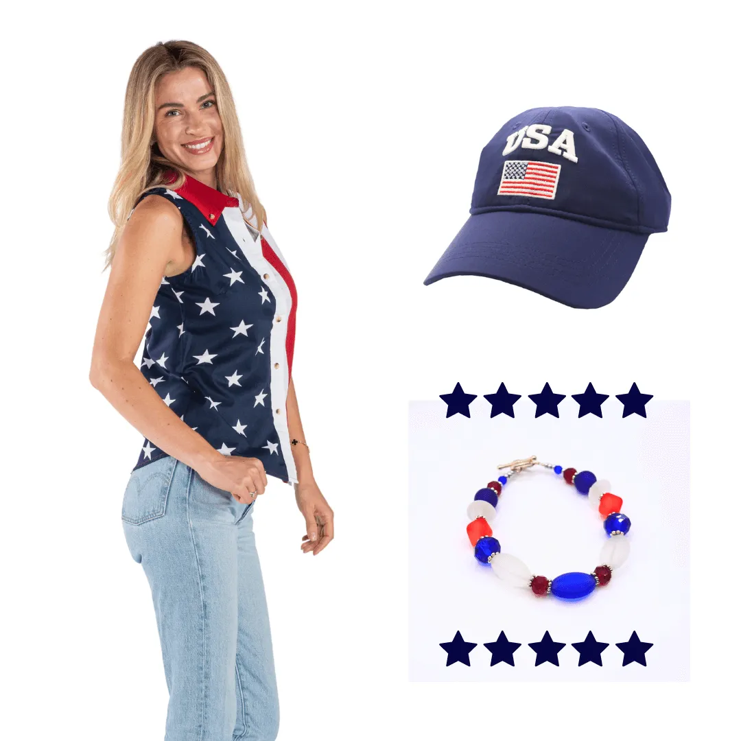 Women's Stars and Stripes Sleeveless with Hat and Bracelet