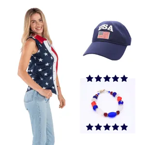 Women's Stars and Stripes Sleeveless with Hat and Bracelet