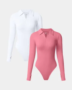 Zipper Polo Shirts Casual Stretch Fitted Bodysuits